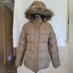 Eddie Bauer brown faux fur trim hooded down winter coat M